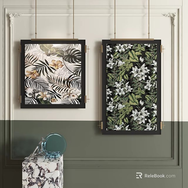 Abstract Paintings With Tropical Leaves White Flowers Black Framed On Gray White Wall 3d model 