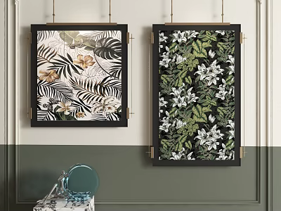 Abstract Paintings With Tropical Leaves White Flowers Black Framed On Gray White Wall 3d model