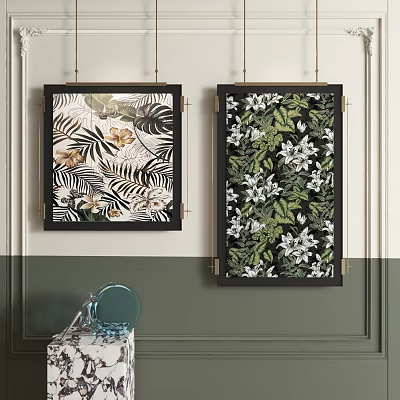 Abstract Paintings With Tropical Leaves White Flowers Black Framed On Gray White Wall 3d model
