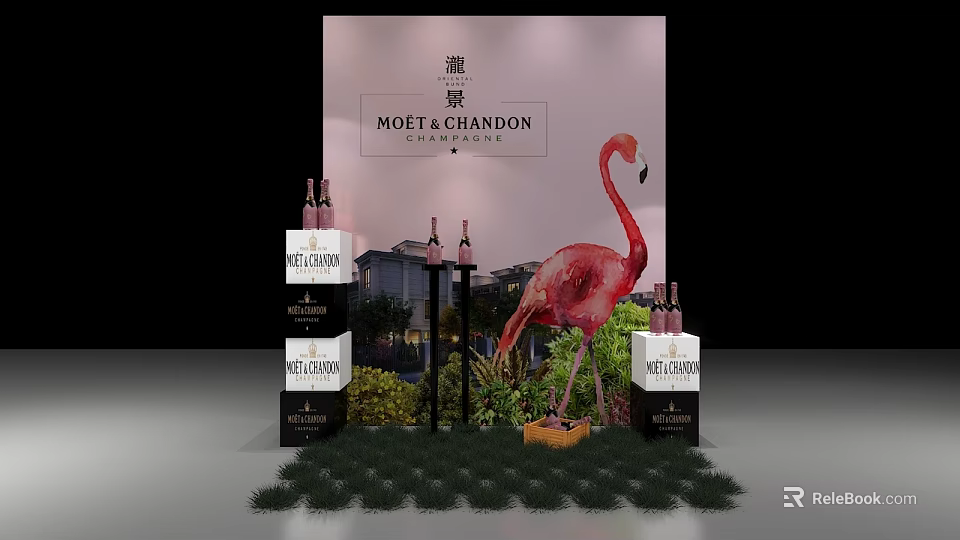 Moet Chandon Champagne Display Setup With Flamingo Statue And Bottles 3d model 