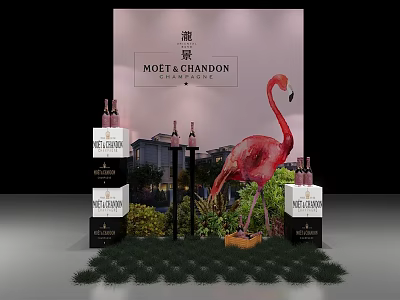 Moet Chandon Champagne Display Setup With Flamingo Statue And Bottles 3d model