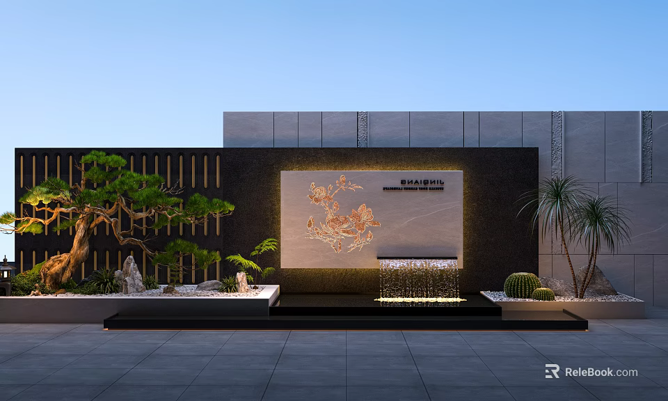 Modern Courtyard Landscape With Water Fountain Decorative Wall And Green Plants 3d model 