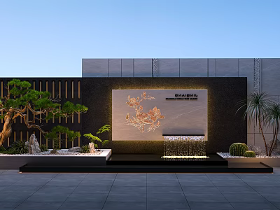 Modern Courtyard Landscape With Water Fountain Decorative Wall And Green Plants 3d model