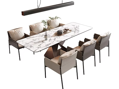 Modern Dining Table And Chairs Set With Marble Tabletop And Upholstered Neutral Chairs 3d model