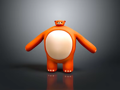 Orange Cartoon Bear Like Character With Round Body White Belly Standing On Dark Reflective Surface 3d model