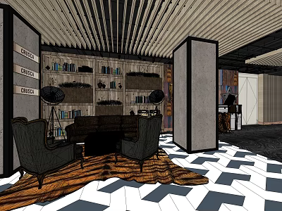 Modern KTV Interior Design With Sofa Bookshelves Rug Decorative Elements And Geometric Floor 3d model
