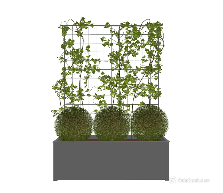 Green Plant Wall with Grid Structure Climbing Vines and Round Shrubs in Gray Planter Box 3d model 