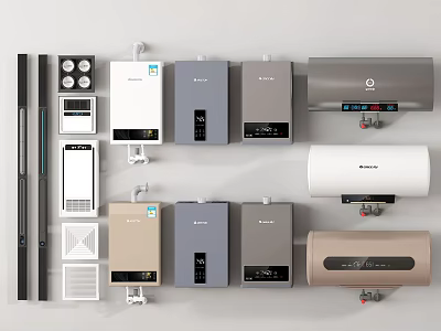 Multiple Types Of Water Heaters In Various Colors White Gray Gold With Control Panels 3d model