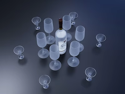 Transparent Wine Glasses Arranged Around White Label Bottle On Dark Background 3d model