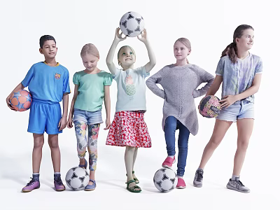 Group of Kids Playing With Soccer Balls In Colorful Outfits Standing Together 3d model