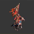 Ancient Warrior Man In Red Armor Riding White Horse With Decorative Red Flag