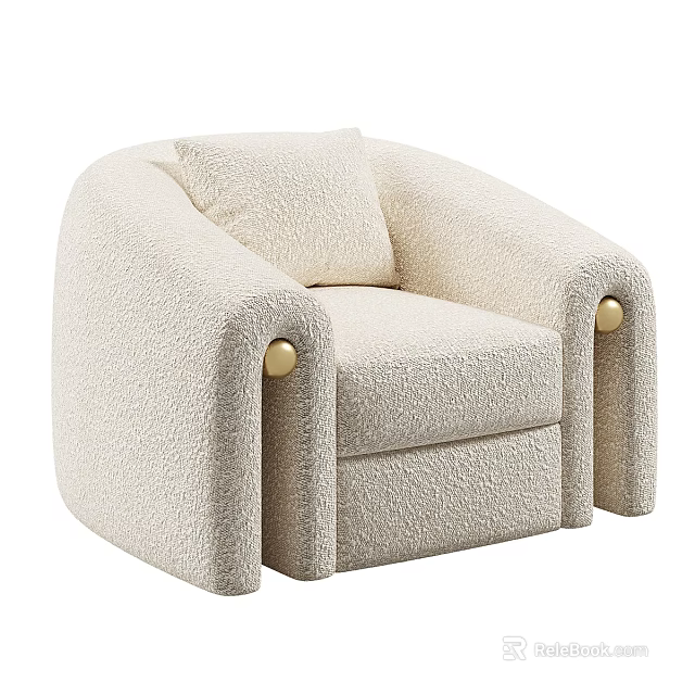 Cream Colored Single Sofa With Fluffy Fabric And Golden Round Armrest Decorations 3d model 