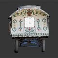 Ornate Decorative Carriage With Blue Roof Colorful Side Patterns And Wheels