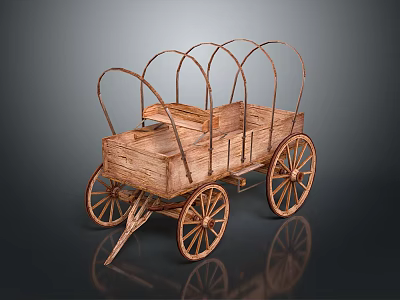 Vintage Wooden Carriage With Arched Frame And Spoked Wheels On Dark Surface 3d model