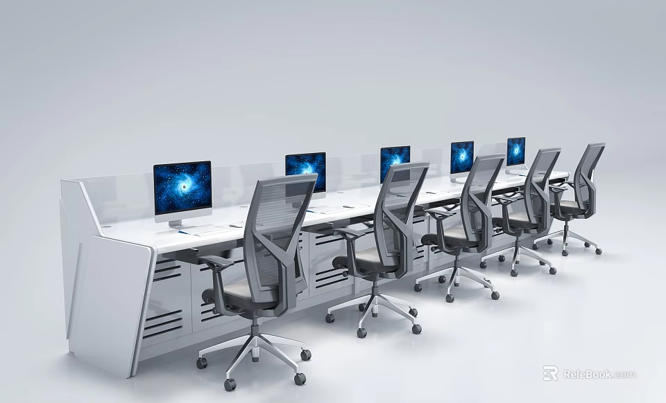 Modern Office Workspace With Multiple Workstations Ergonomic Chairs And Computer Monitors 3d model