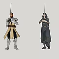 Man In Sci Fi Warrior Outfit Holding Sword Against Gray Background