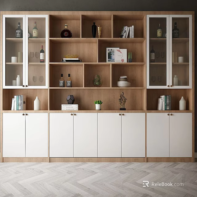 Stylish Wooden Display Cabinet With Glass Doors White Storage And Decorative Items Books Small Plant 3d model 
