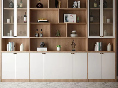 Stylish Wooden Display Cabinet With Glass Doors White Storage And Decorative Items Books Small Plant 3d model