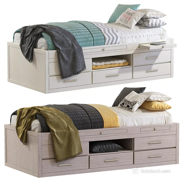 Modern Single Bed With Underbed Storage Drawers And Cozy Bedding Pillows 3d model 