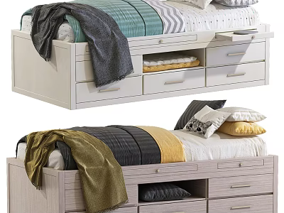 Modern Single Bed With Underbed Storage Drawers And Cozy Bedding Pillows 3d model