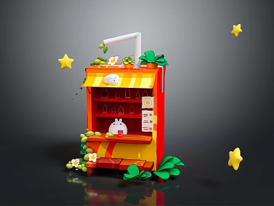 Colorful Small Kiosk With Yellow Red Awning ZACHI Sign White Rabbit Green Plants Yellow Stars 3d model