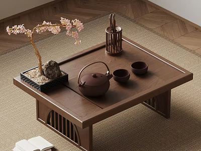 Traditional Tea Set on Wooden Table with Teapot Small Cups Pink Flowers and Woven Mat 3d model