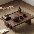 Traditional Tea Set on Wooden Table with Teapot Small Cups Pink Flowers and Woven Mat