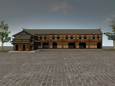 Traditional Ancient Architecture With Wooden Structure Overhanging Eaves Dark Tiled Roof And Stone Square 3d model
