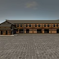 Traditional Ancient Architecture With Wooden Structure Overhanging Eaves Dark Tiled Roof And Stone Square