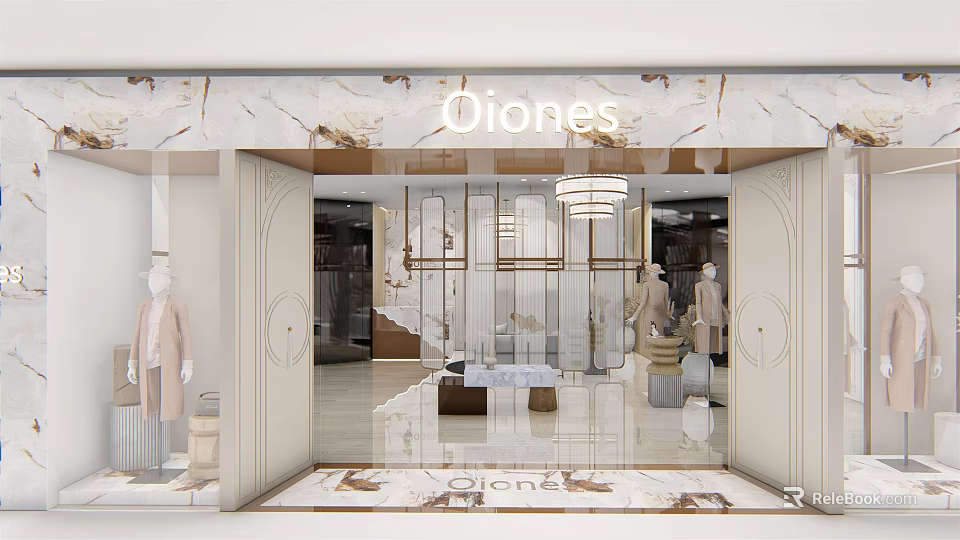 Oiones Clothing Store With Marble Facade Window Mannequins Modern Interior Chandelier And Staircase 3d model 