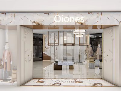 Oiones Clothing Store With Marble Facade Window Mannequins Modern Interior Chandelier And Staircase 3d model