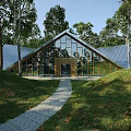 Modern Detached Villa With Sloped Roof Large Glass Windows Stone Path And Trees