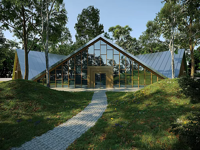 Modern Detached Villa With Sloped Roof Large Glass Windows Stone Path And Trees 3d model