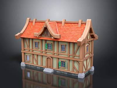 Traditional Wooden House Model with Red Tile Roof Two Floors Stone Base and Classic Windows 3d model