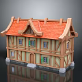 Traditional Wooden House Model with Red Tile Roof Two Floors Stone Base and Classic Windows