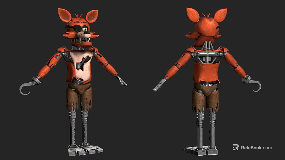 Red Fox Mechanical Game Character With Metal Parts And Two Views 3d model 