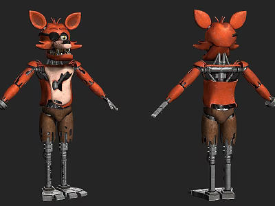 Red Fox Mechanical Game Character With Metal Parts And Two Views 3d model