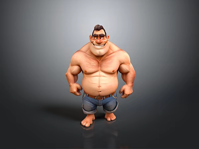 Shirtless Muscular Bearded Man Wearing Denim Shorts Barefoot Smiling Against Grey Background With Floor Reflection 3d model