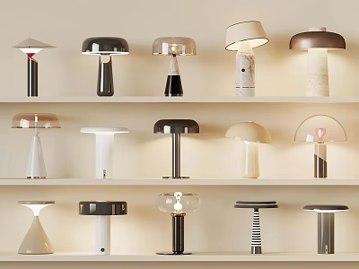 Unique Design Table Lamps In Various Styles Displayed On Shelves 3d model