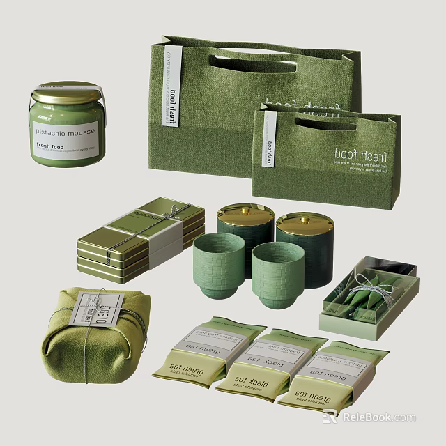 Elegant Green Decorative Ornament Set With Candles Cups Gift Bags And Boxes 3d model 