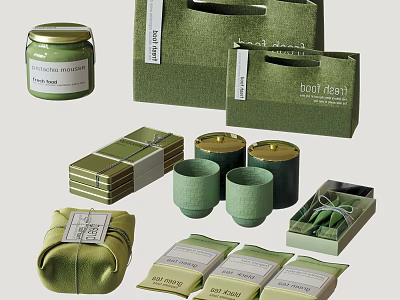 Elegant Green Decorative Ornament Set With Candles Cups Gift Bags And Boxes 3d model