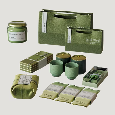 Elegant Green Decorative Ornament Set With Candles Cups Gift Bags And Boxes 3d model