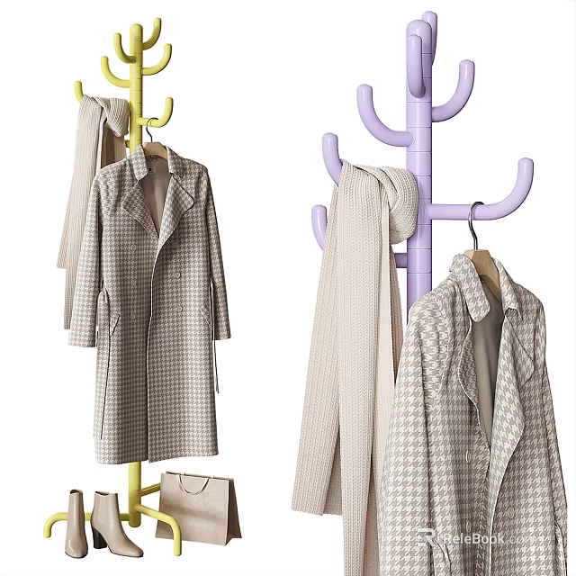 Stylish Yellow And Purple Coat Racks With Coats Scarves And Handbag 3d model 