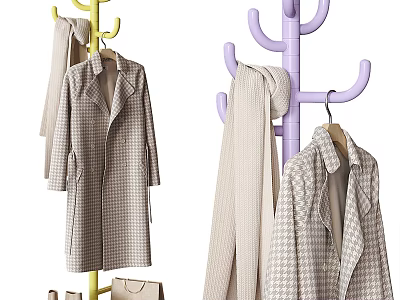 Stylish Yellow And Purple Coat Racks With Coats Scarves And Handbag 3d model