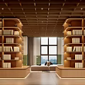 Modern Reception Hall Interior Design With Marble Reception Desk Wooden Shelves And Green Plants