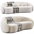 Light Colored Upholstered Two Seater Sofa With Rounded Design And Plaid Blanket 3d model