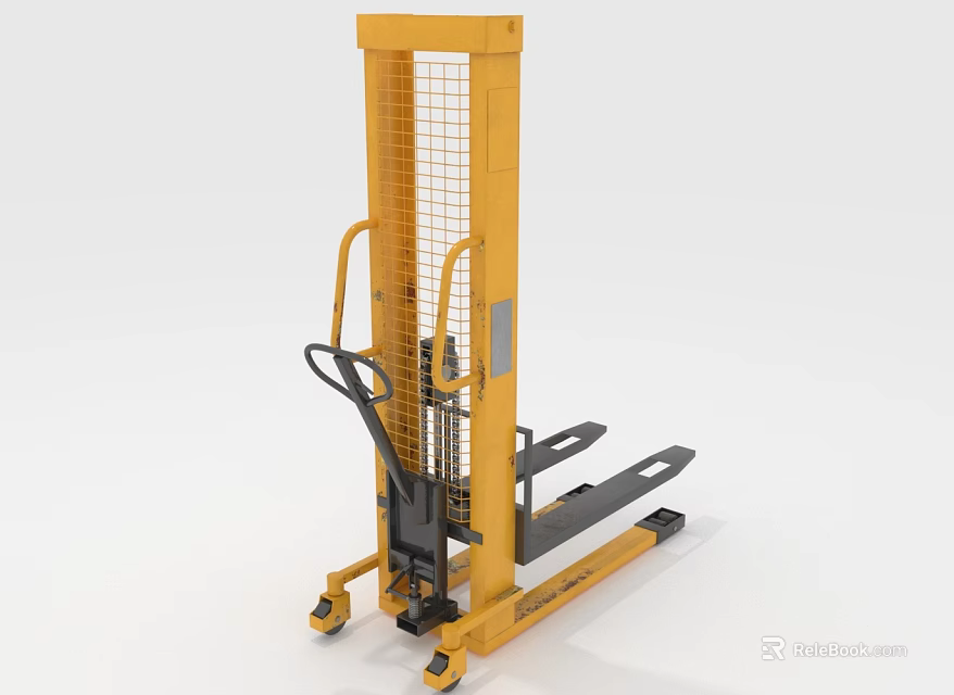 Yellow Manual Forklift Truck With Hydraulic Lift System Steel Frame Safety Grid Guard Castor Wheels 3d model 