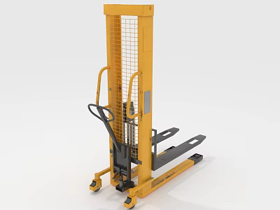 Yellow Manual Forklift Truck With Hydraulic Lift System Steel Frame Safety Grid Guard Castor Wheels 3d model
