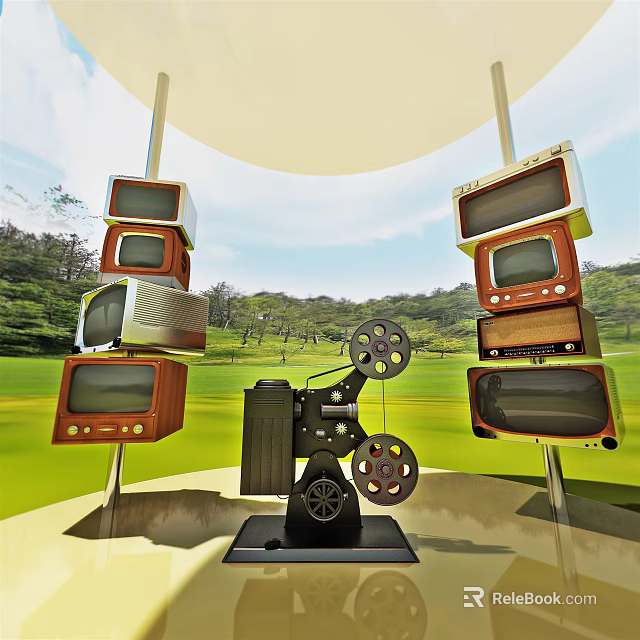 Vintage TVs Stacked With Film Projector On Green Grass Field With Trees 3d model 