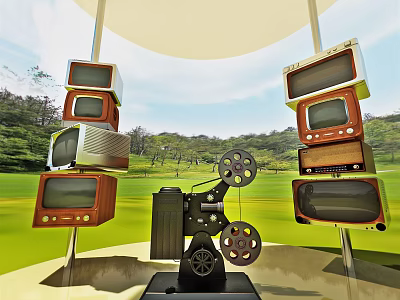 Vintage TVs Stacked With Film Projector On Green Grass Field With Trees 3d model